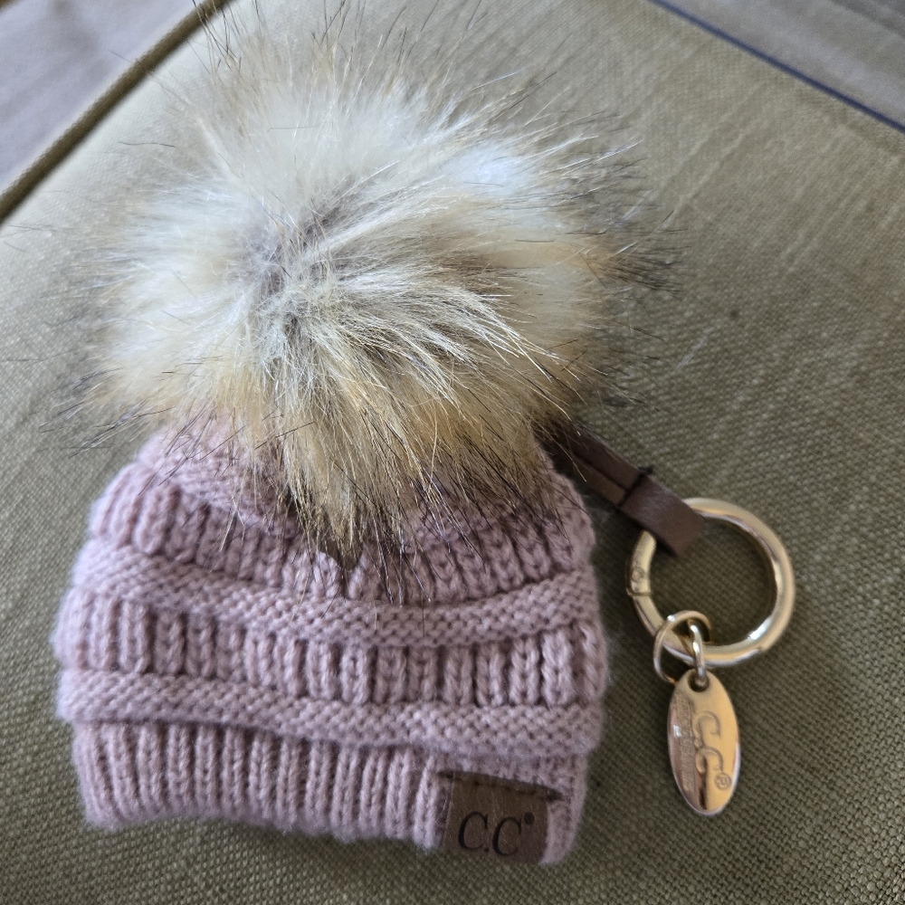 C.C. Boutique Pink Knit Mini Pom-Pom Beanie Bag Charm Keychain - Picture 2 of 3